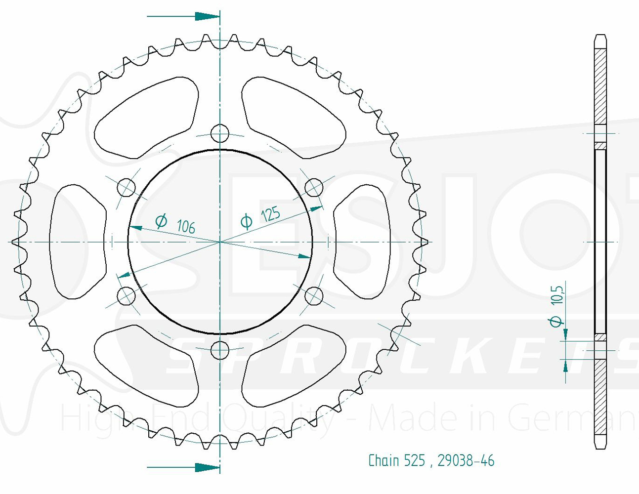 Corona in acciaio 46 denti - Passo 525 - Simile a JTR2014