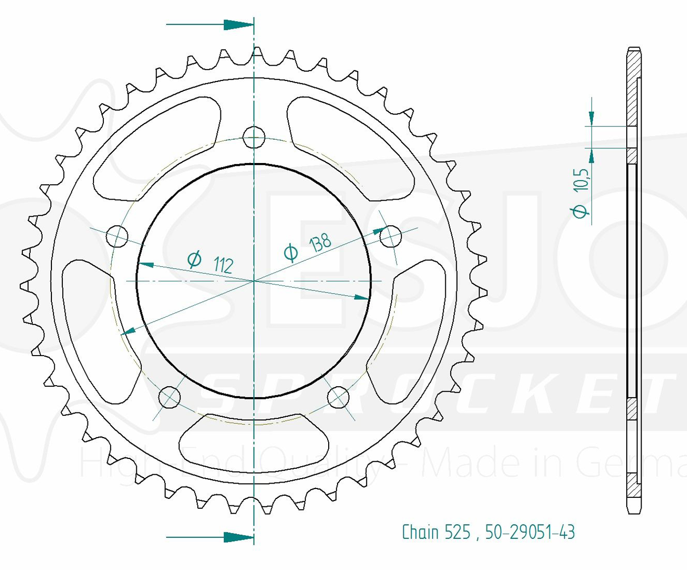 Corona in acciaio 43 denti - Passo 525 - Simile a JTR1877