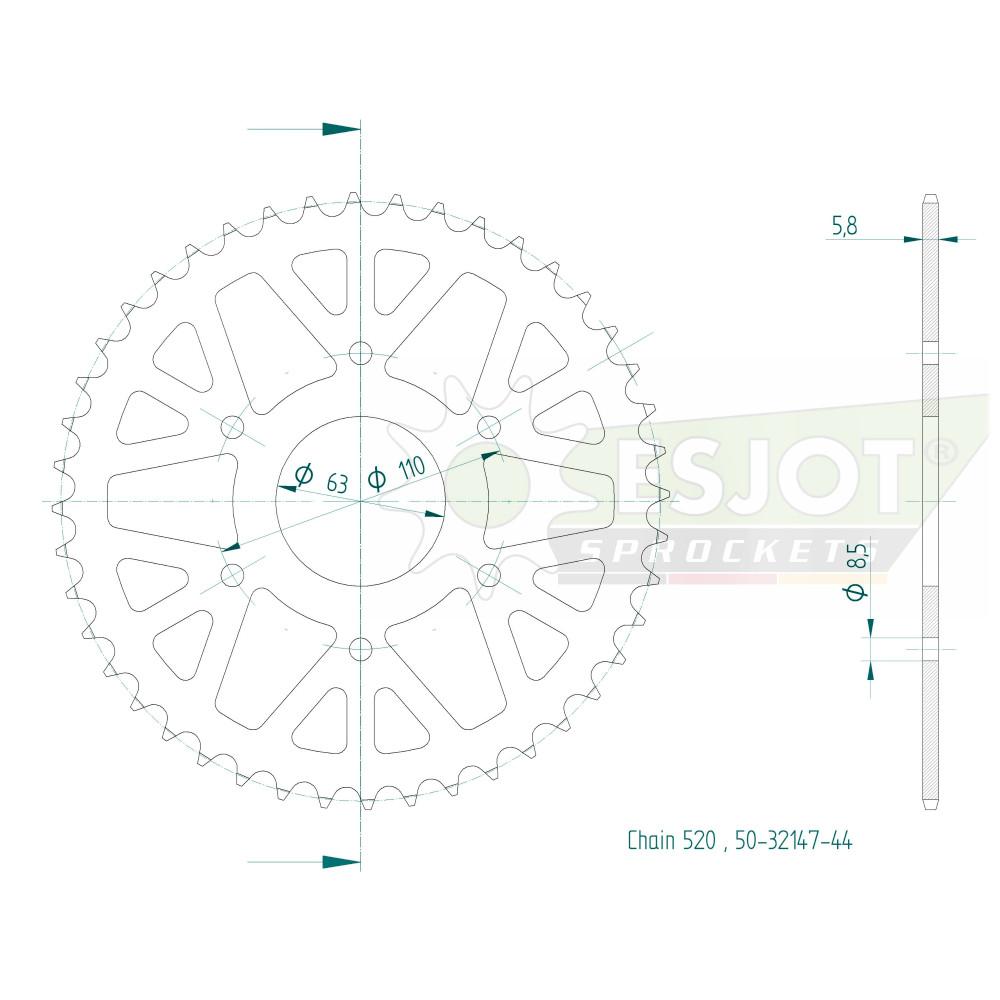 Corona in acciaio 44 denti - Passo 520