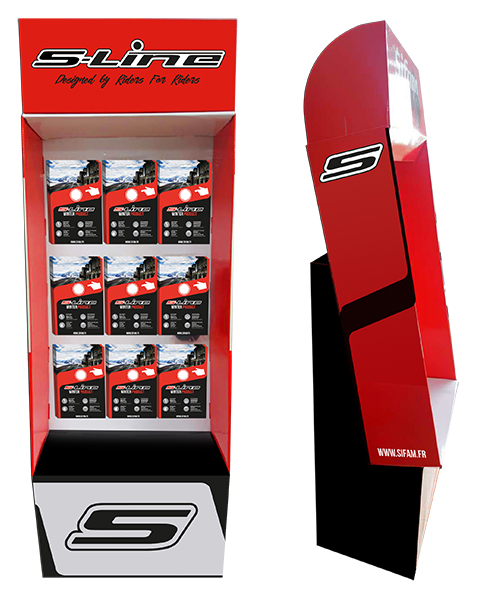 Espositore in cartone con 9 ganci metallici S-line: altezza 2 m larghezza 60 cm Profondità 40 cm